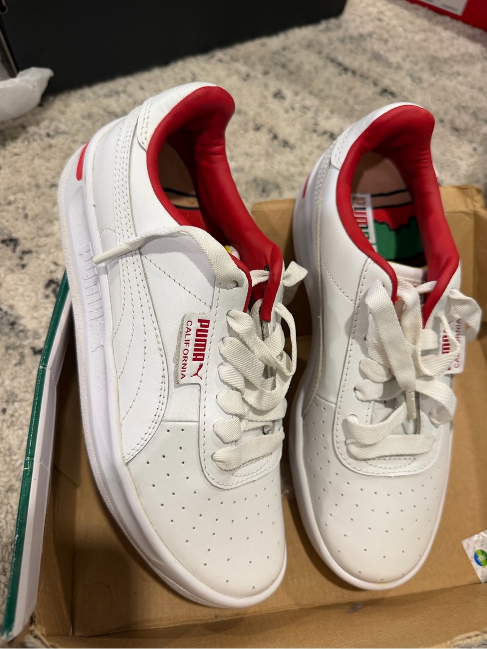 Puma White and Red Kids Leather Sneakers